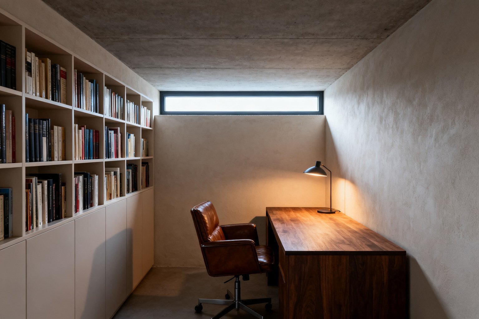 Bureau aménagé en sous-sol, bibliothèque blanche, plan de travail en noyer et fenêtre en bandeau