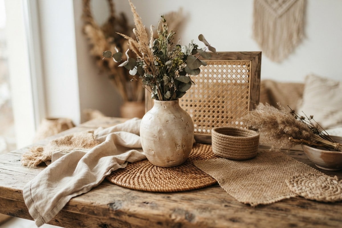 Vase en céramique, tissu en lin, panneau de cannage et panier tressé posés sur une table en bois brut