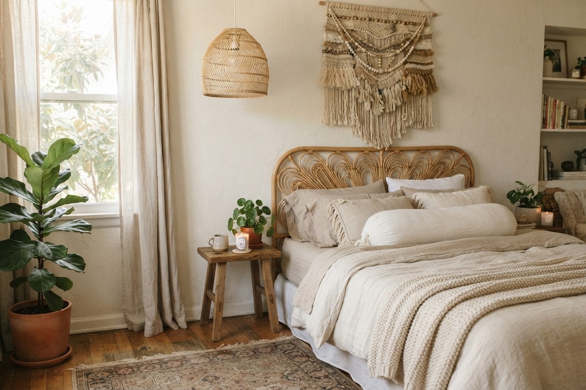 Chambre bohème avec tête de lit en cannage, linge de lit en lin, tenture en macramé et suspension en rotin