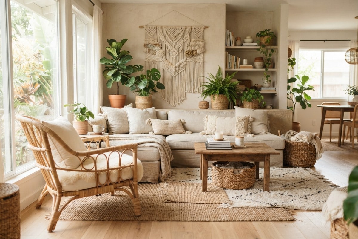 Salon bohème chic avec fauteuil en rotin, canapé beige, tenture en macramé, plantes vertes et tapis tressés