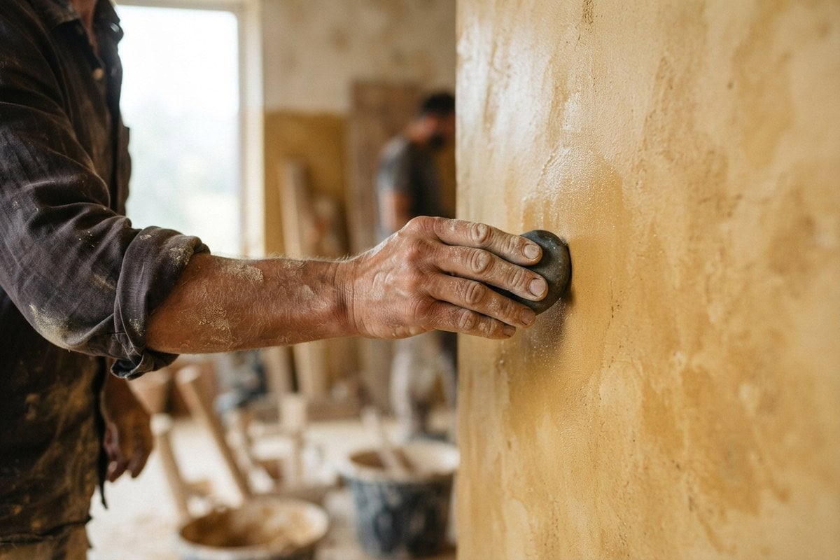 Artisan lissant à la pierre un mur en tadelakt ocre lors de son application