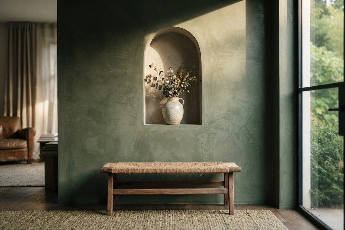 Mur en tadelakt vert profond avec niche arrondie, vase en céramique et banc en bois