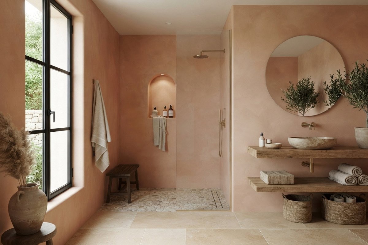 Salle de bains aux murs en tadelakt terracotta, douche à l'italienne et niche arrondie