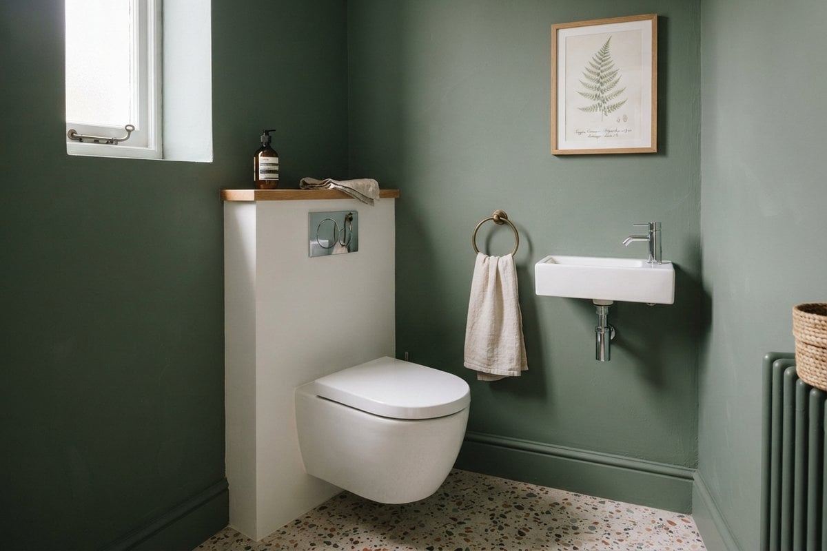 Petites toilettes aux murs vert sauge avec WC suspendu, coffrage blanc surmonté de chêne, lave-mains étroit et sol en terrazzo