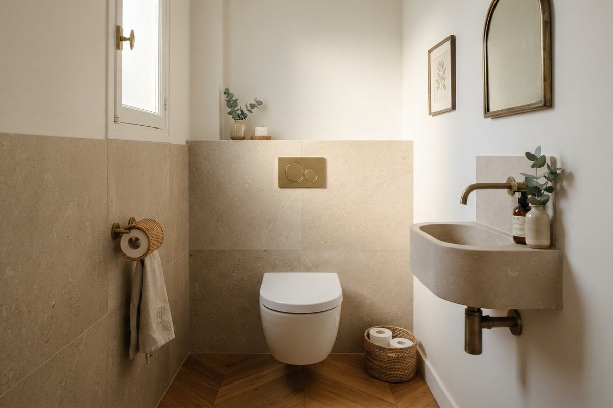 Toilettes avec WC suspendu blanc, plaque de commande laiton sur coffrage carrelé beige, lave-mains en pierre et parquet à chevrons