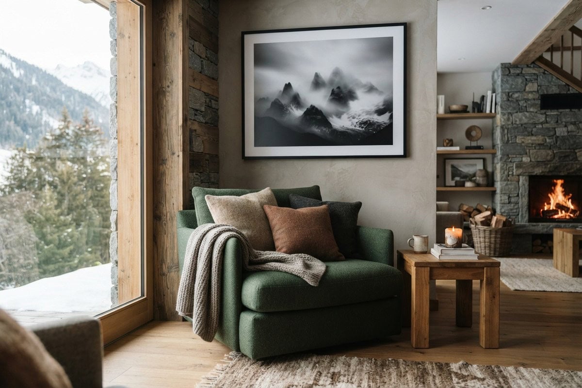 Coin lecture d'un chalet avec fauteuil vert, coussins aux tons terreux et photographie de montagne en noir et blanc.