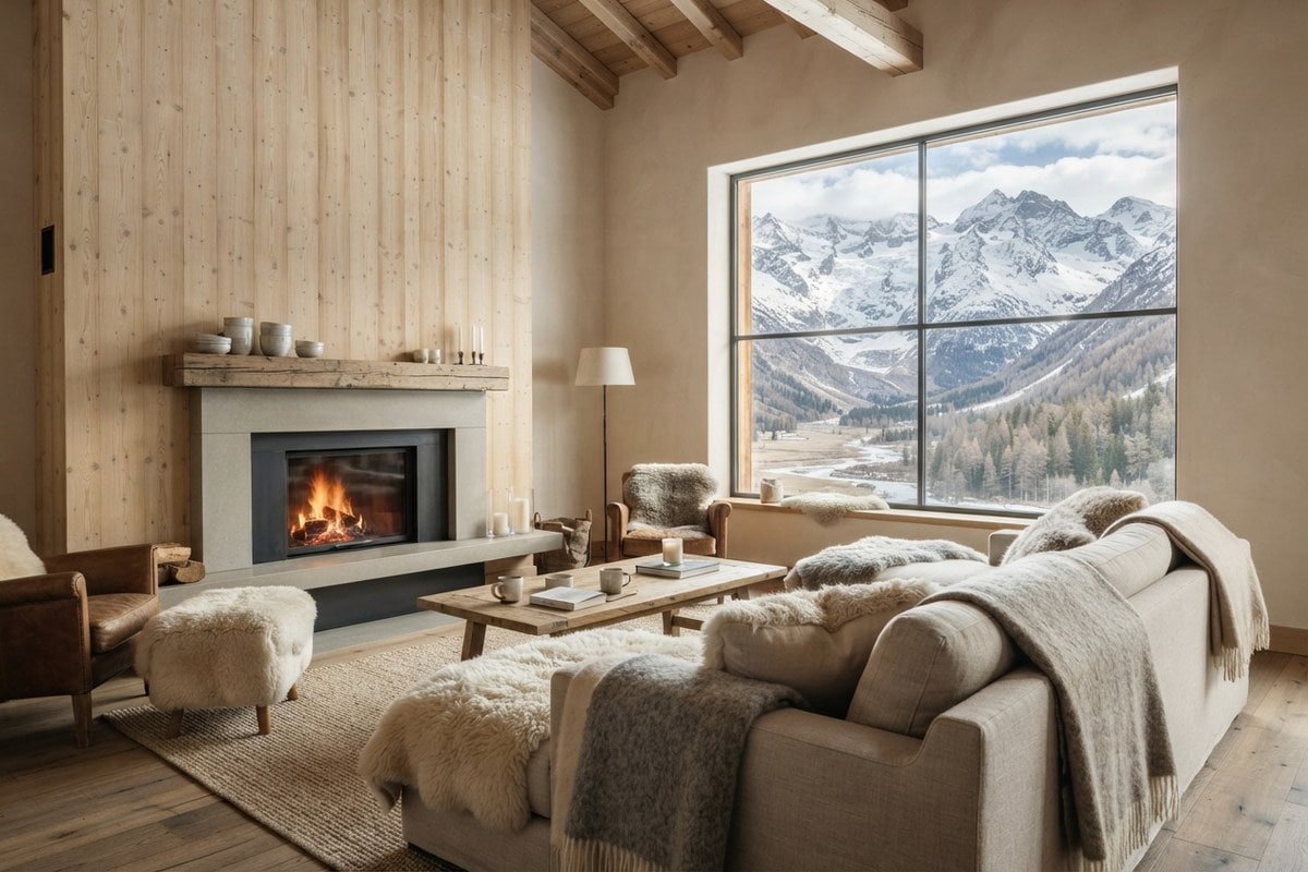 Salon de chalet contemporain avec mur en bois clair, cheminée en pierre et grande baie ouverte sur des sommets enneigés.