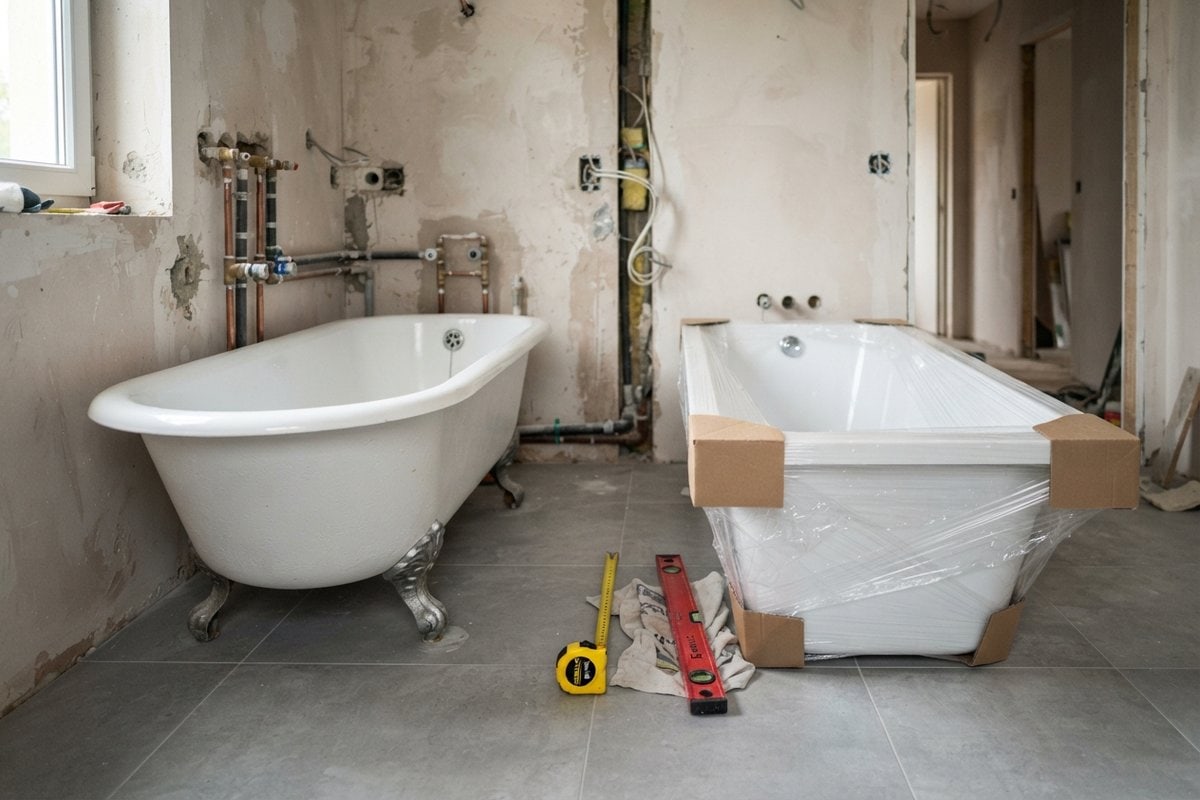Baignoire en fonte sur pieds et baignoire acrylique emballée côte à côte dans une salle de bains en travaux