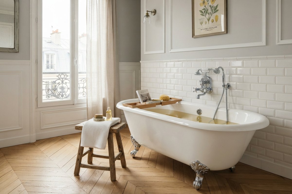 Baignoire îlot blanche sur pieds chromés posée sur un parquet en chevrons, devant une fenêtre haussmannienne