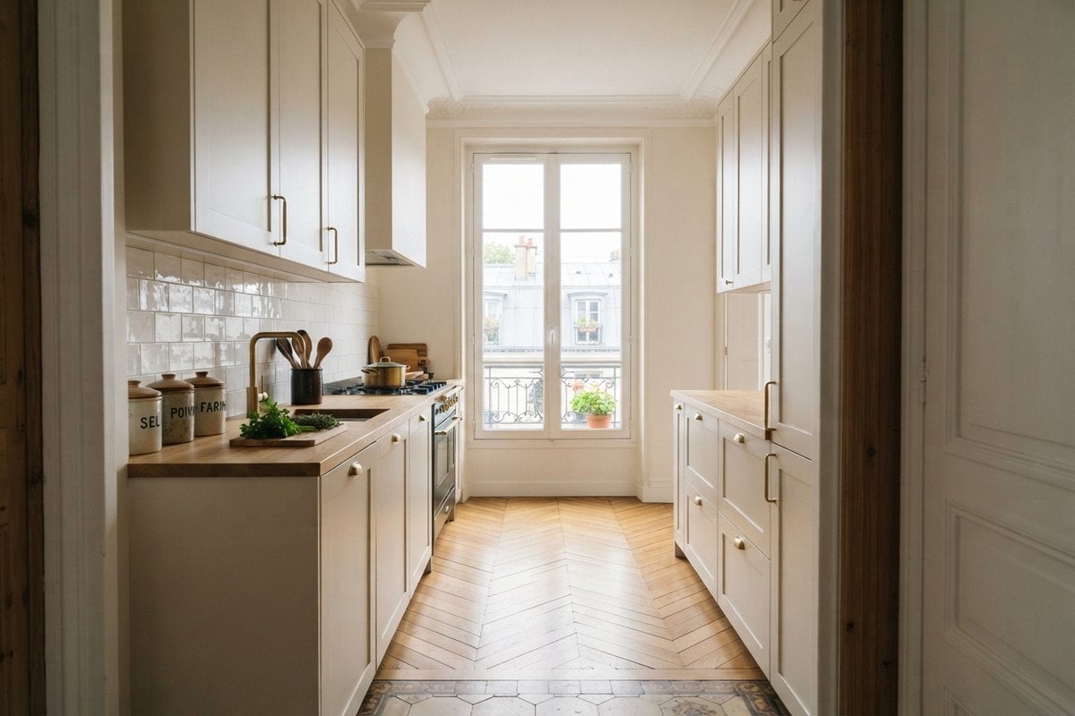 Cuisine étroite en deux linéaires parallèles, façades crème et plans en chêne, face à une porte-fenêtre parisienne