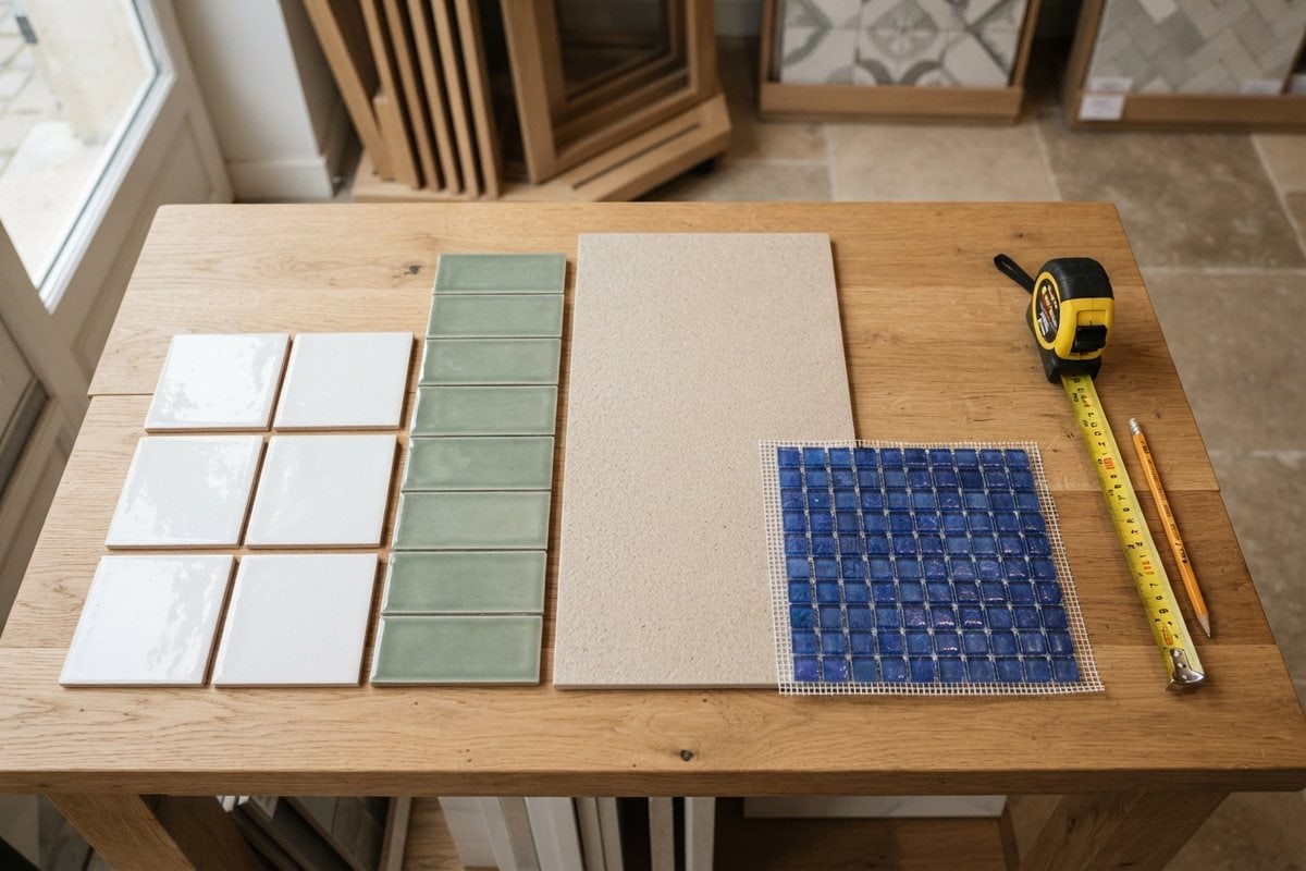 Échantillons de carreaux blancs, de carreaux métro vert sauge, d'un grand carreau beige et de mosaïque bleue sur une table