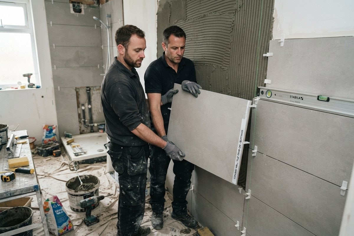 Deux carreleurs portent ensemble un grand carreau gris vers un mur enduit de colle dans une salle de bains en chantier
