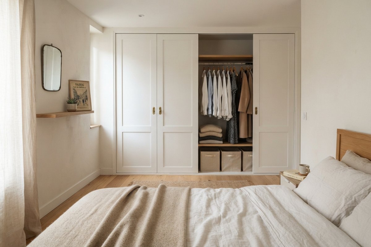 Placard blanc toute hauteur ouvert sur une penderie et des étagères, face au pied d'un lit double