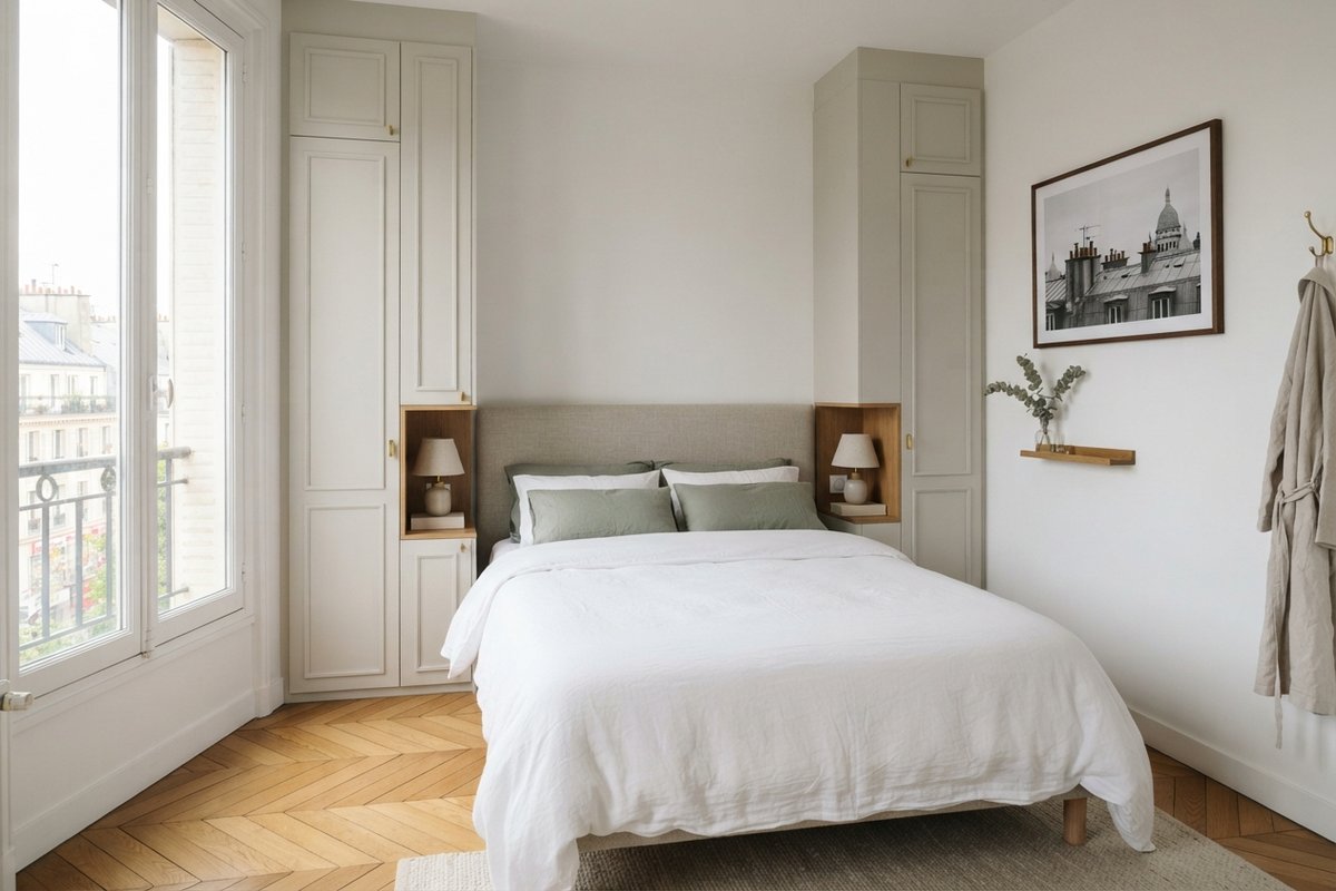 Chambre parisienne avec un lit double logé entre deux colonnes de rangement toute hauteur à niches éclairées