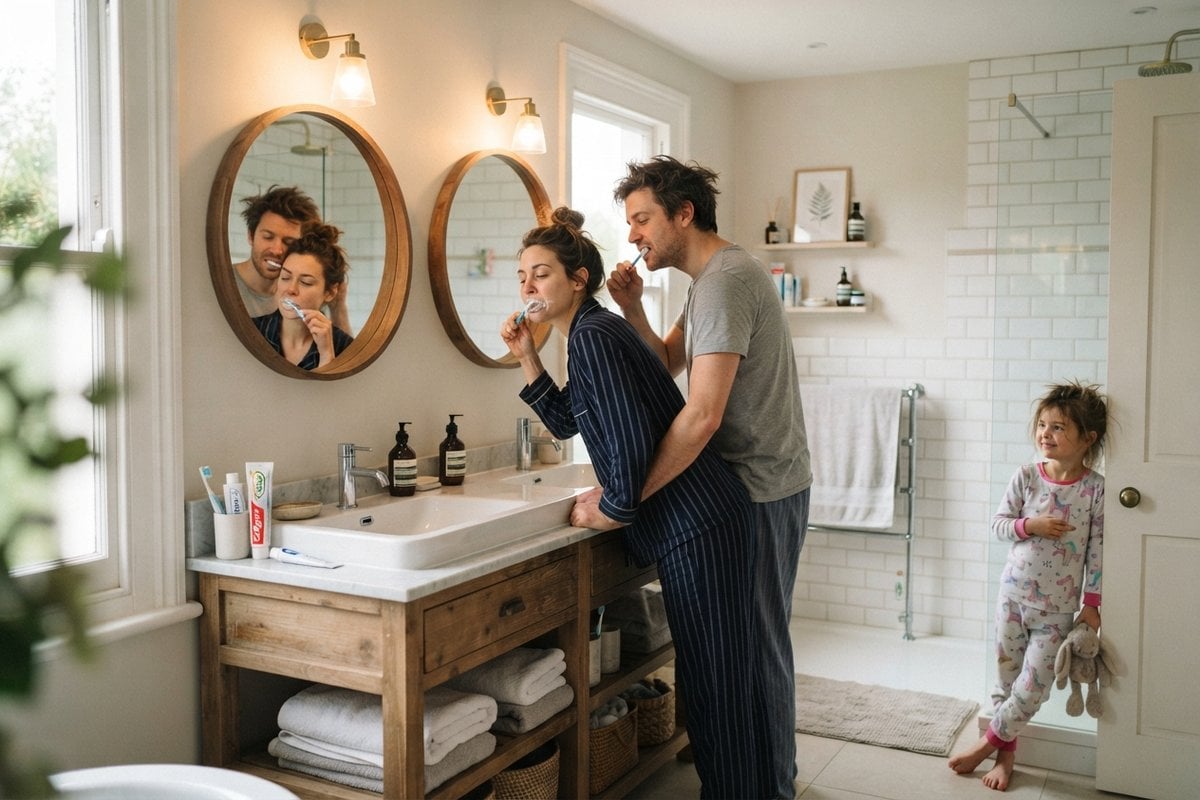 Un couple se brosse les dents côte à côte devant une double vasque, une fillette en pyjama attend à la porte