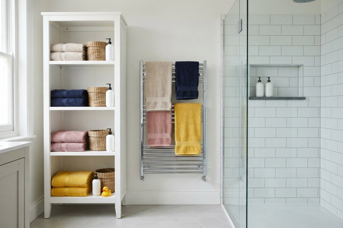 Étagère blanche garnie de serviettes de quatre couleurs, sèche-serviettes chromé et niche dans une douche vitrée