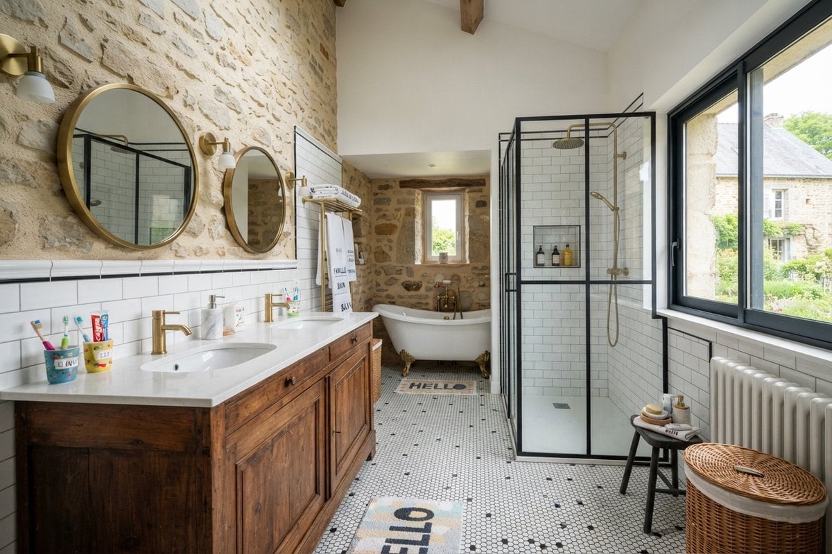 Salle de bains rustique avec double vasque sur meuble en bois, baignoire sur pieds et grande douche vitrée