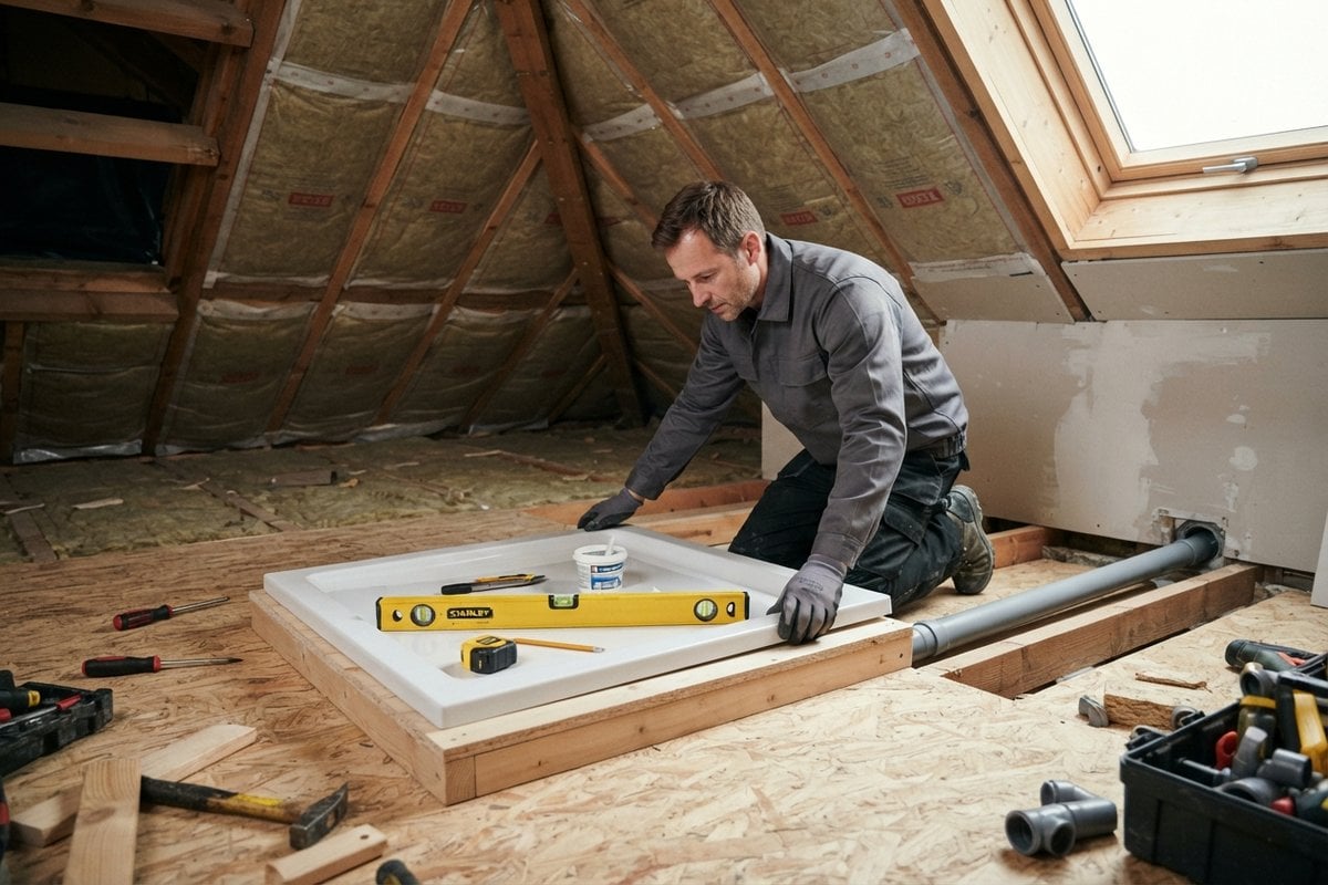 Artisan posant un receveur de douche surélevé sur un plancher de combles, évacuation en PVC gris vers le mur