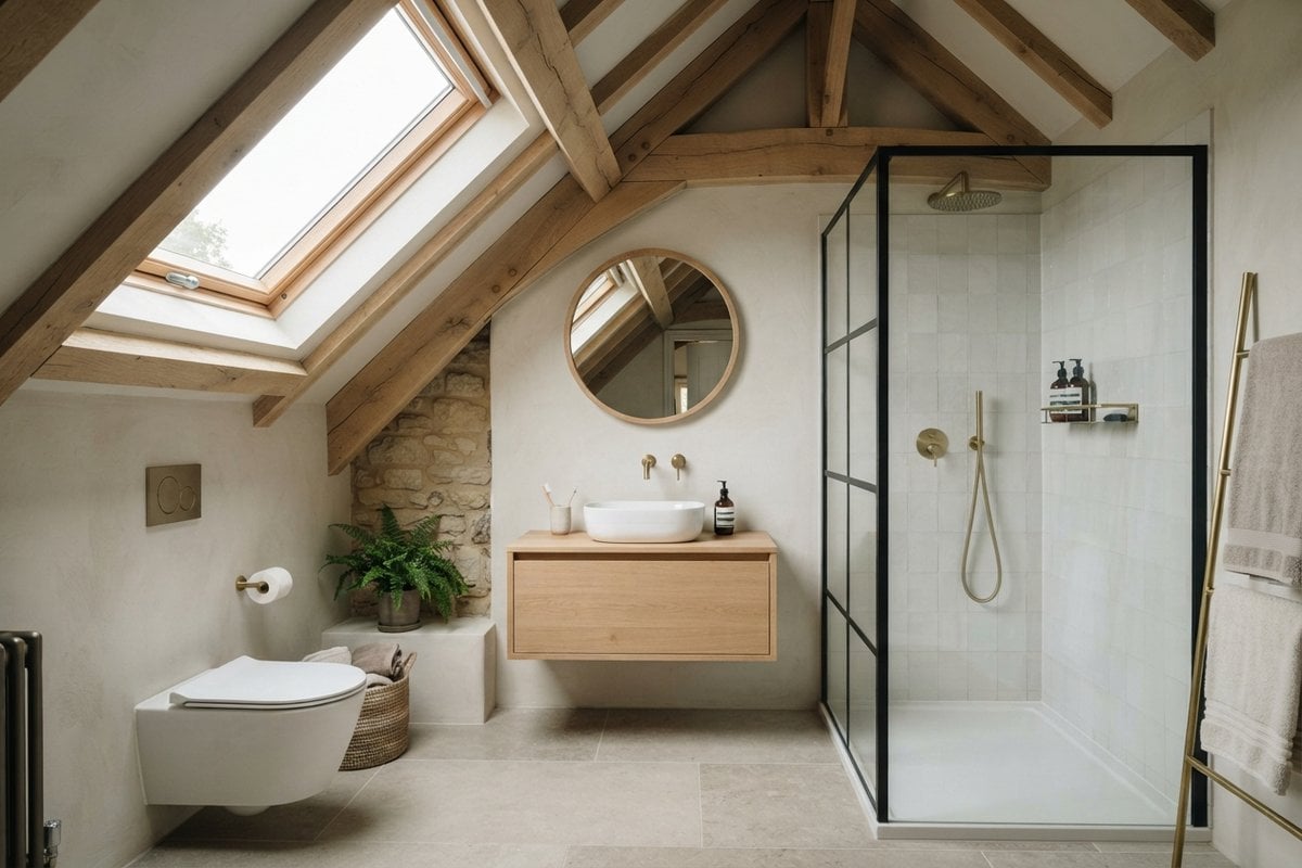 Salle d'eau sous combles avec poutres en chêne, fenêtre de toit, douche vitrée, meuble vasque en bois et WC suspendu