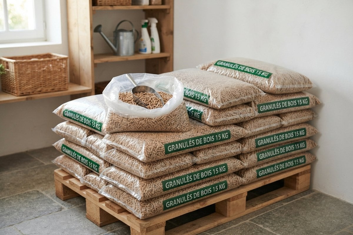 Sacs de granulés de bois de 15 kg empilés sur une palette, l'un ouvert avec une pelle en métal