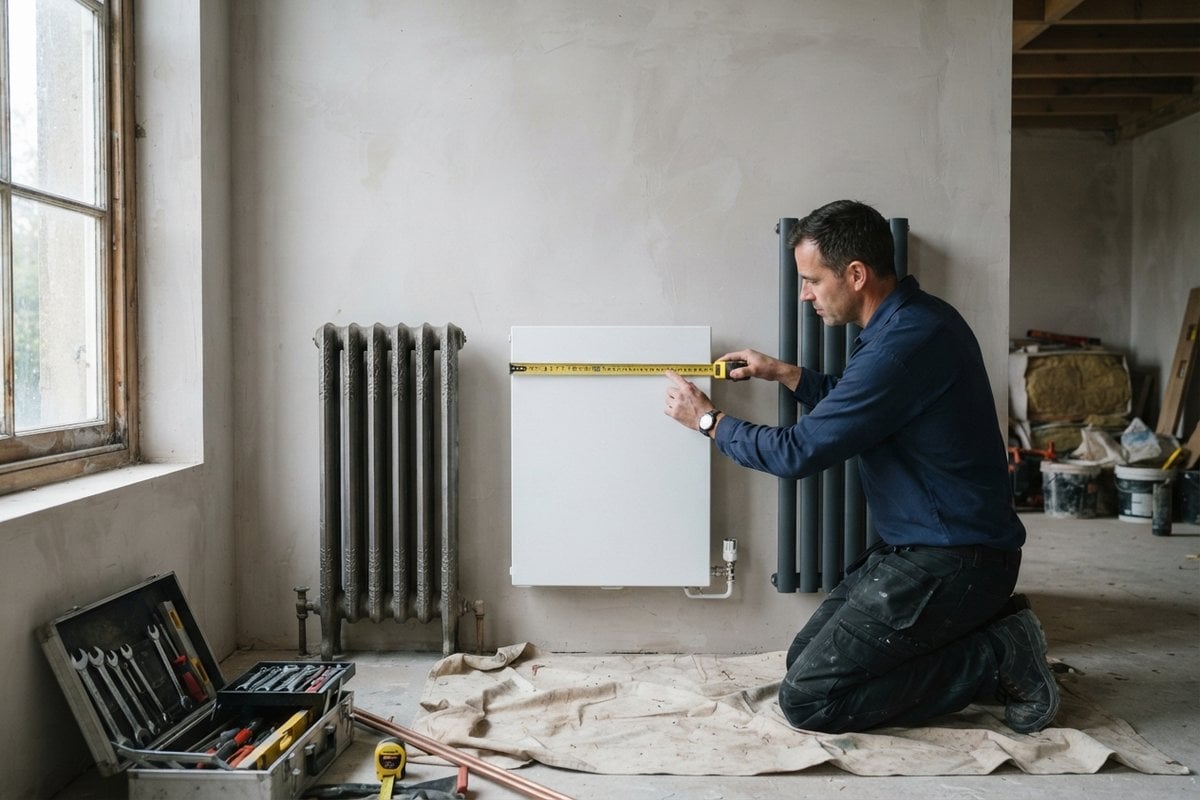 Plombier mesurant un radiateur en acier blanc entre un radiateur en fonte et un radiateur vertical en aluminium