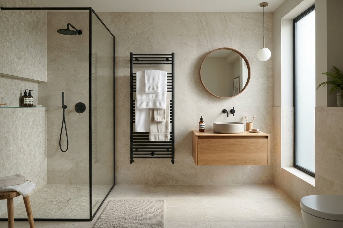 Salle de bains en pierre claire avec sèche-serviettes noir chargé de serviettes blanches, douche vitrée et meuble vasque en bois