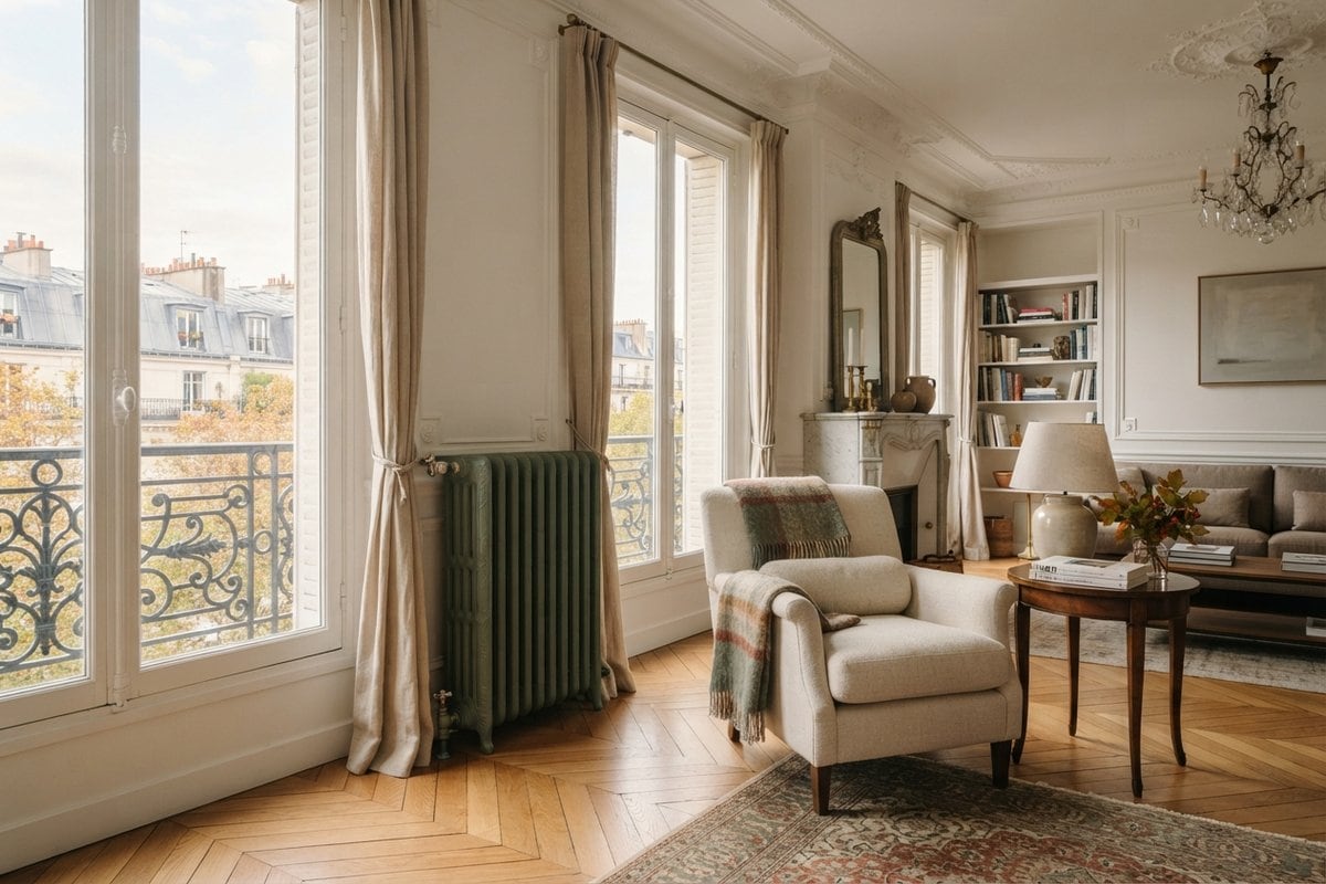 Salon haussmannien avec radiateur en fonte vert sauge sous une porte-fenêtre, fauteuil en lin et parquet en chevrons