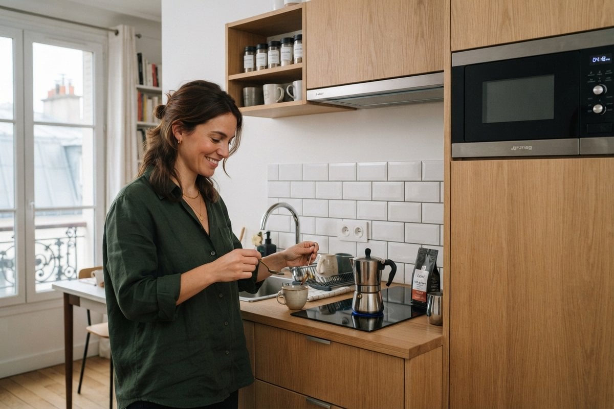 Femme préparant un café dans une petite cuisine en chêne clair avec plaque, évier et micro-ondes encastré