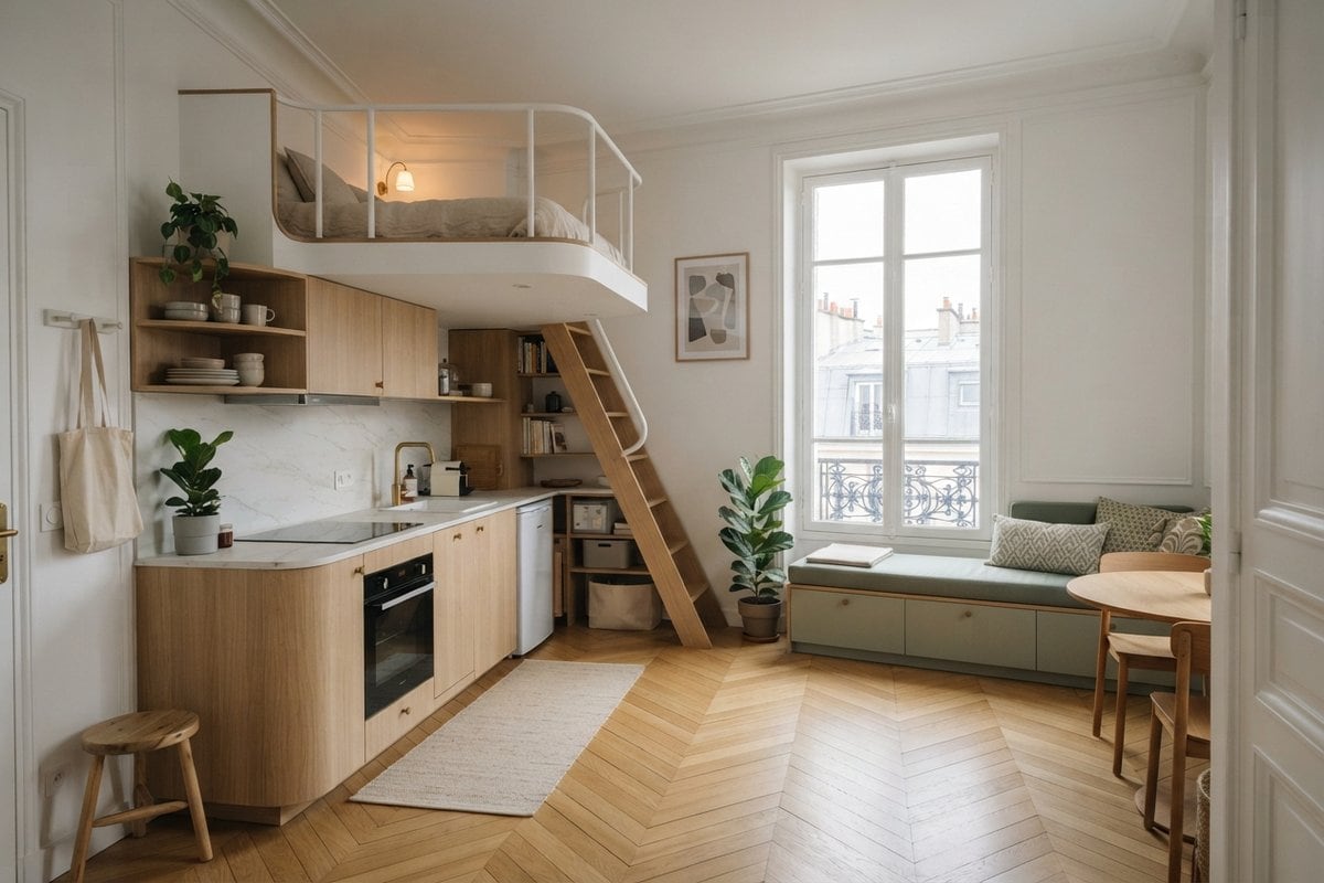 Studio parisien avec cuisine en chêne clair, lit en mezzanine, échelle et banquette sous une grande fenêtre