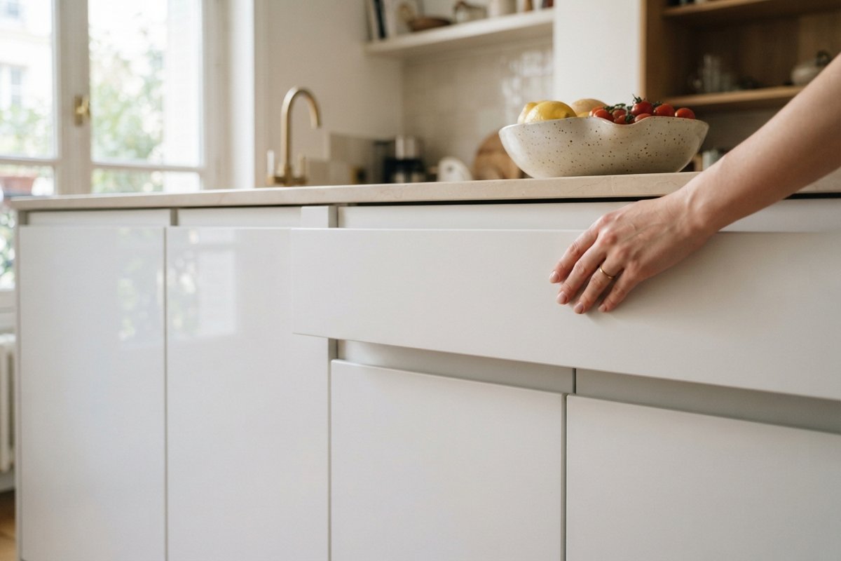 Main ouvrant un tiroir de cuisine blanc laqué sans poignée, sous un plan de travail en pierre claire