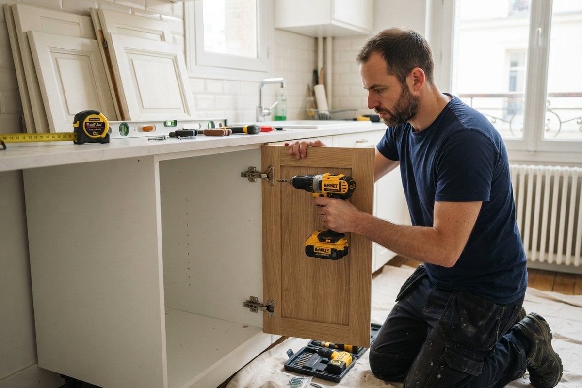 Artisan fixant au visseur une porte en chêne sur un caisson blanc, anciennes portes empilées contre le mur