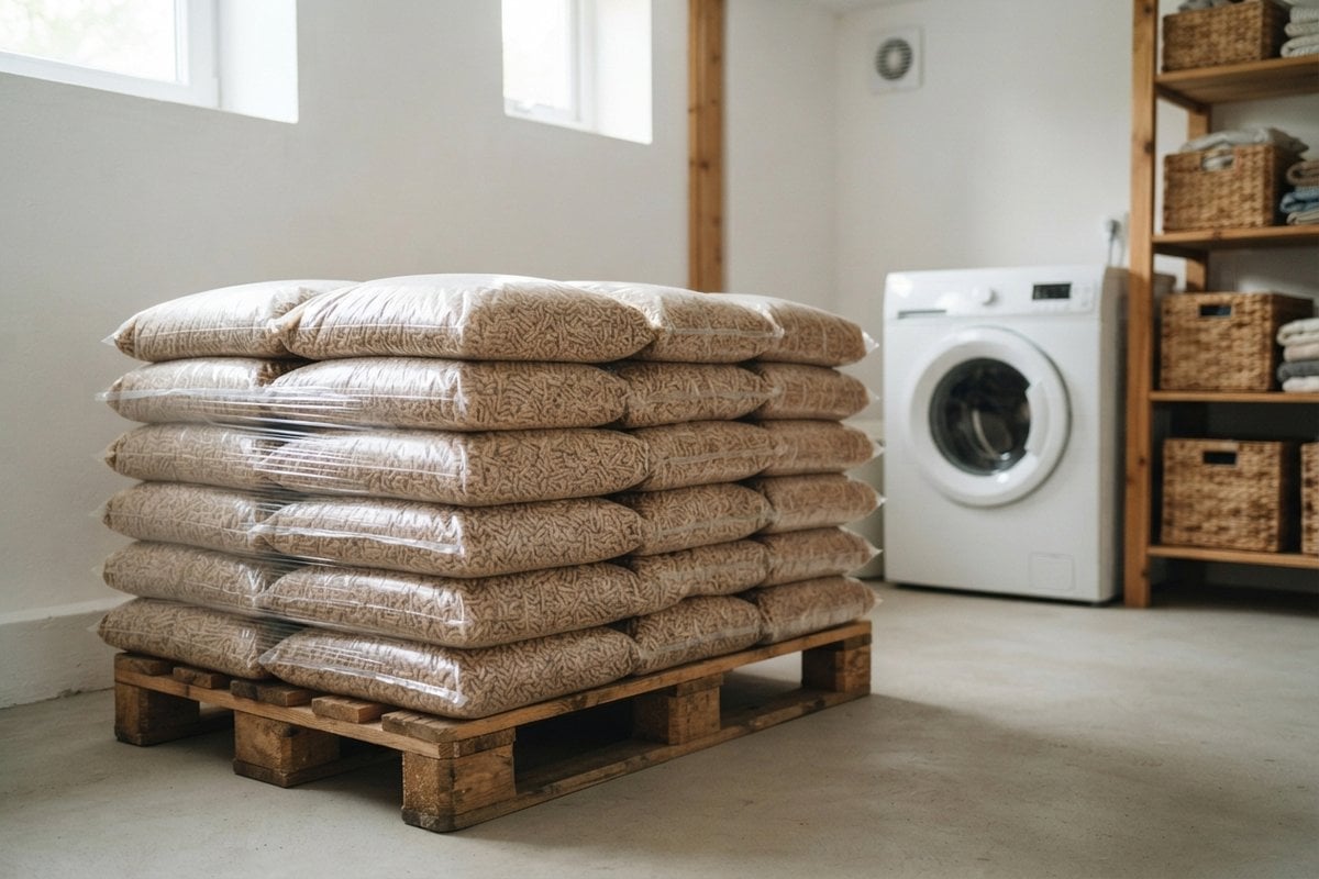 Palette de sacs transparents remplis de granulés de bois dans une buanderie, à côté d'un lave-linge