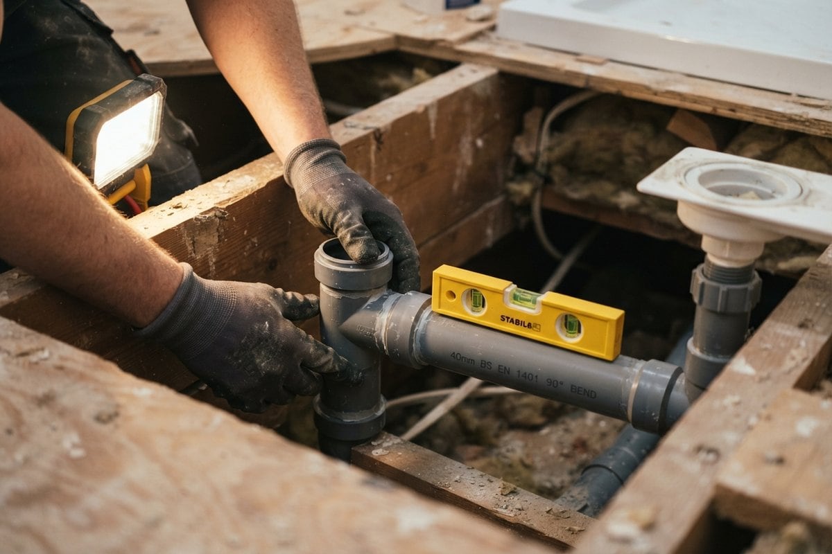 Mains gantées raccordant un coude d'évacuation en PVC gris sous un plancher ouvert, un niveau posé sur le tuyau