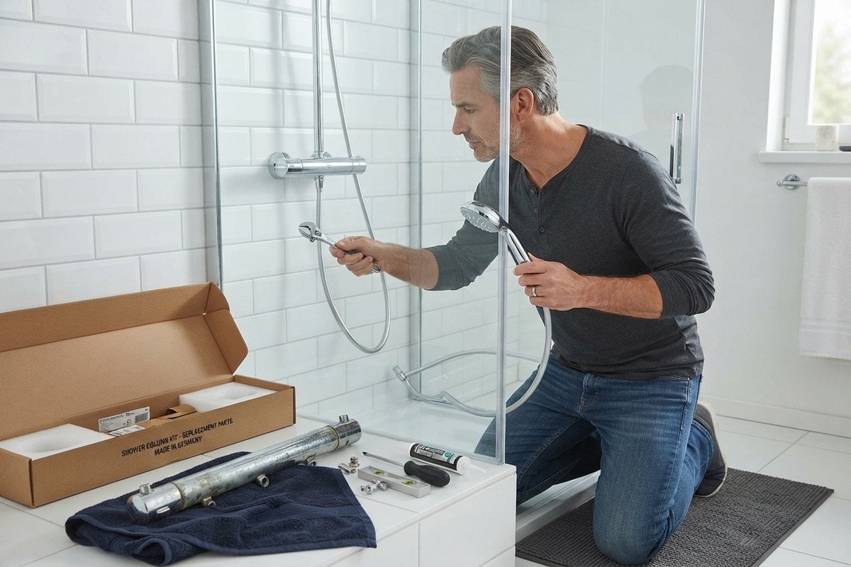 Homme agenouillé dans une douche carrelée de blanc, remplaçant la douchette d'une colonne thermostatique