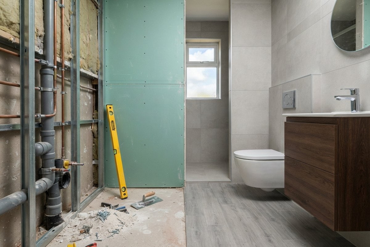 Salle de bains en travaux : tuyaux d'évacuation et de cuivre apparents à gauche, WC suspendu et meuble vasque posés à droite